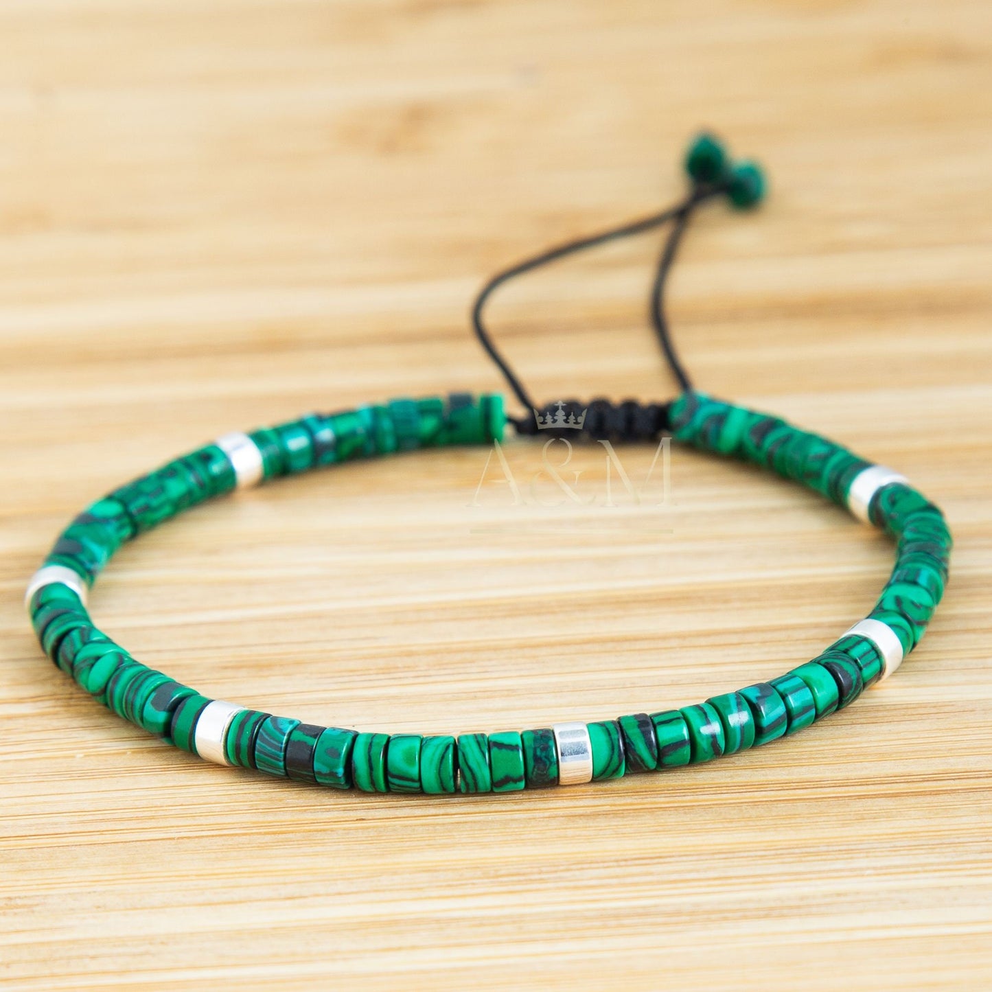 Malachite Beaded Bracelet - Adjustable Dainty Boho Jewelry, Synthetic Malachite Tile Beads, Natural Stone Gemstone Bracelet Gift - UK