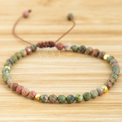 Unakite Autumn Bracelet - Dainty Beaded Jewellery, Green Natural Stone, Minimalist Adjustable for Small Wrist, Women’s Birthday Gift