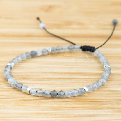 Labradorite Minimalist Bracelet - Adjustable Wrist band, Dainty Beaded Jewelry, Healing Gemstone, Silver Accent, Birthday Gift for Women