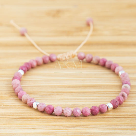 Rhodonite Beaded Bracelet | 4mm Minimalist Gemstone Jewellery | Handmade Adjustable Bracelet | Unique Birthday Gift for Women | Rhodonite