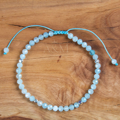 Aquamarine Minimalist Beaded Bracelet, Ocean Blue Gemstone Accessory, Christmas Gift for Her, Dainty Crystal Blue Bracelet, Small Wrist Size