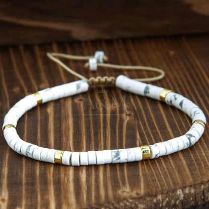 Howlite Dainty Bracelet - Adjustable Calming Stone Jewelry, 4mm White Gemstone Beads with Gold or Silver Accents, Howlite