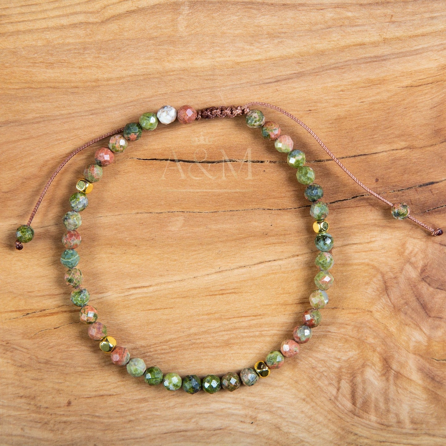 Unakite Autumn Bracelet - Dainty Beaded Jewellery, Green Natural Stone, Minimalist Adjustable for Small Wrist, Women’s Birthday Gift