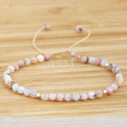 Pink Opal Bracelet - Minimalist Dainty Jewellery, Delicate Natural Stone Beads, Adjustable for Small Wrist, Braided Healing Wristband