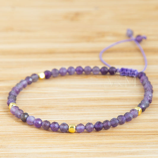 Dainty Amethyst Bracelet - Minimalist Purple Gemstone Jewelry, Tiny Beads, Adjustable Bohemian Bracelet, Simple Birthday Gift for Women