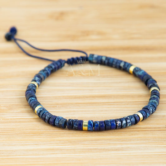 Navy Blue Jasper Dainty Bracelet - 2x4mm beads - Minimalist Bohemian Jewellery, Tiny Beads, Adjustable for Women, Gemstone Beaded Bracelet -