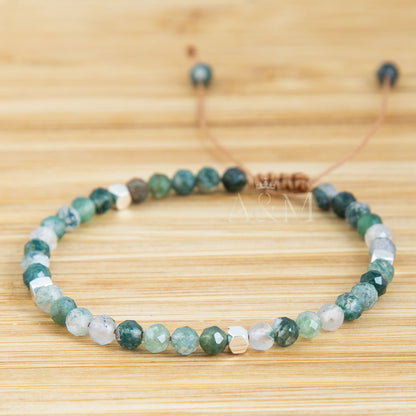 Moss Agate Braided Bracelet - Minimalist 4mm Beads, Dainty Adjustable Jewellery, Birthday Gift for Her, Unique Handmade Gift