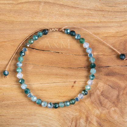 Moss Agate Braided Bracelet - Minimalist 4mm Beads, Dainty Adjustable Jewellery, Birthday Gift for Her, Unique Handmade Gift