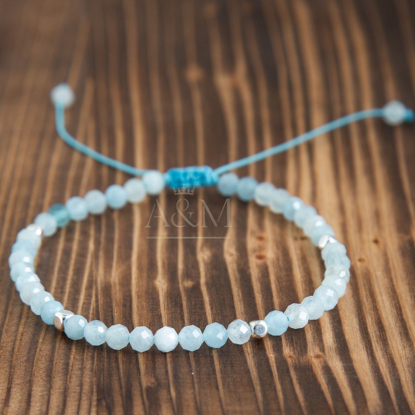 Aquamarine Minimalist Beaded Bracelet, Ocean Blue Gemstone Accessory, Christmas Gift for Her, Dainty Crystal Blue Bracelet, Small Wrist Size