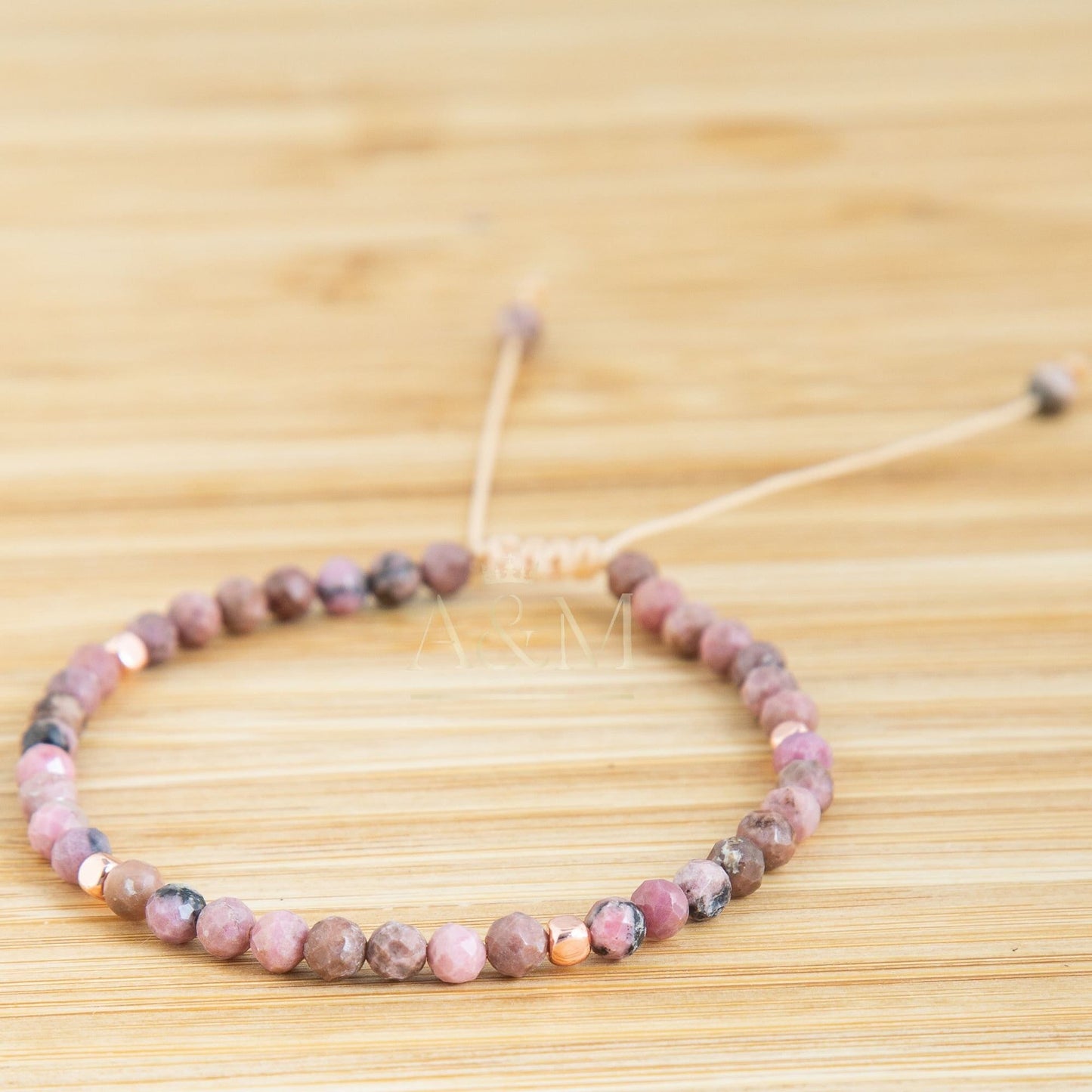 Rhodonite Beaded Bracelet - Natural Stone Cuff, Healing Gemstone Jewellery, Minimalist Adjustable Bracelet for Women, Bohemian Delicate Gift