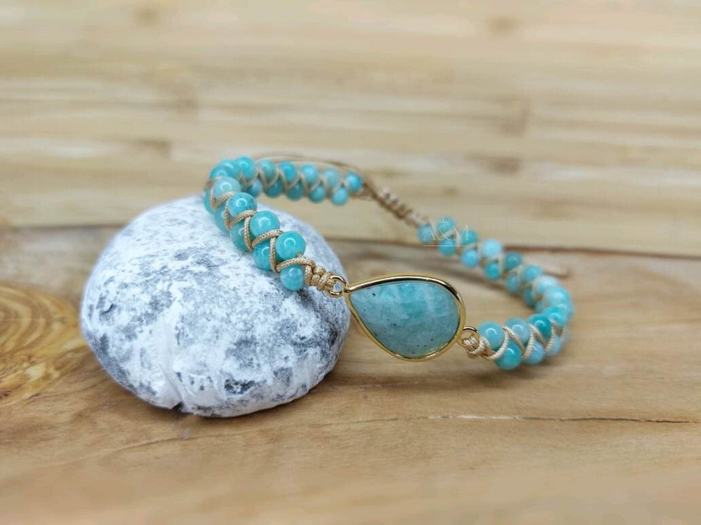 Teardrop Amazonite Charm Bracelet - Handmade Natural Stone Jewellery, Boho Braided Beaded Bracelet, Minimalist Gift for Women