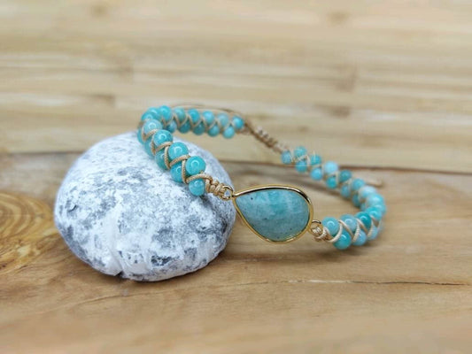 Teardrop Amazonite Charm Bracelet - Handmade Natural Stone Jewellery, Boho Braided Beaded Bracelet, Minimalist Gift for Women