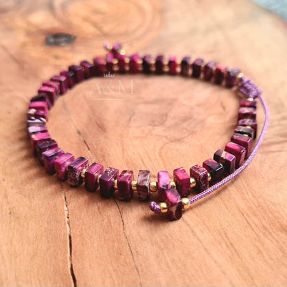 Purple Imperial Jasper Bracelet - 2x4mm Square Beads, Multi-Colored Adjustable Minimalist Jewelry for Small Wrist, Bohemian Healing Stone