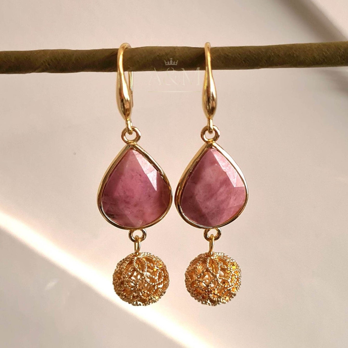 Rhodonite Drop Earrings Luxury Earrings Natural Stone Jewellery Bride Wedding Earrings Gold Earrings Girls Gift Dangle UK