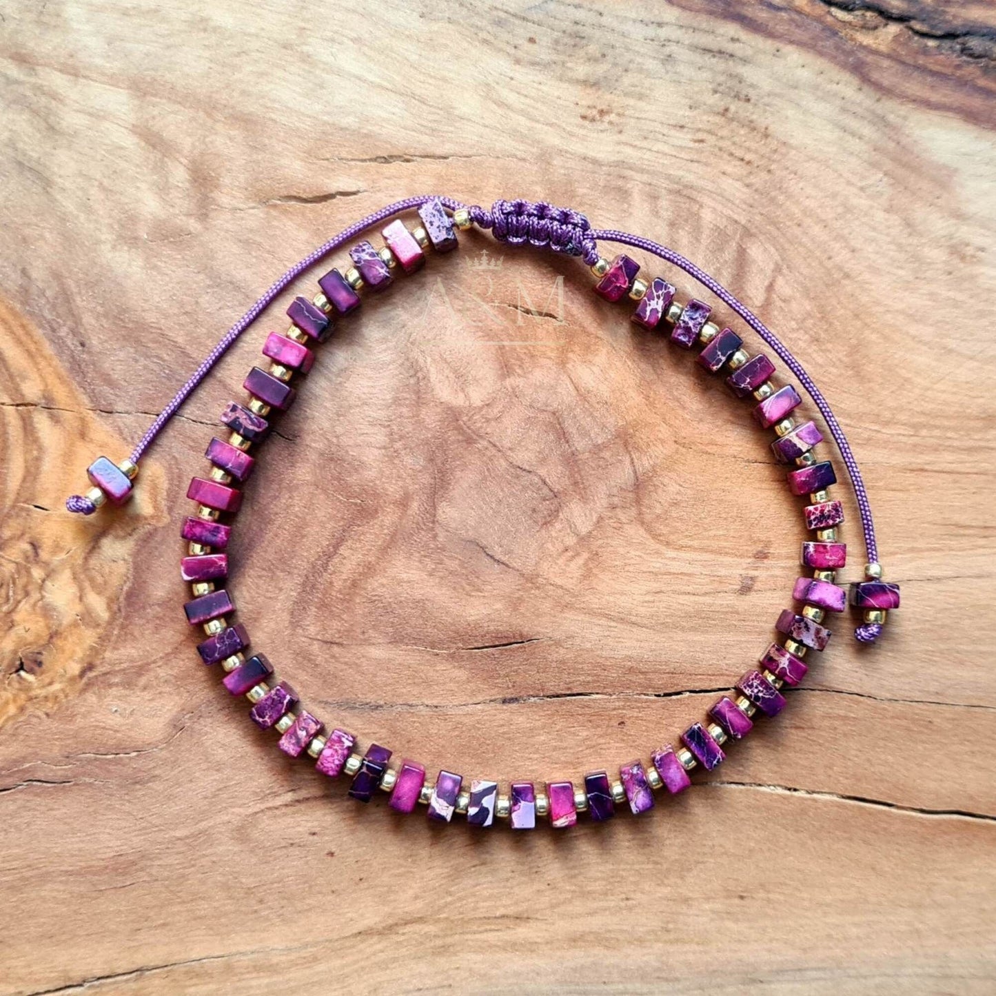 Purple Imperial Jasper Bracelet - 2x4mm Square Beads, Multi-Colored Adjustable Minimalist Jewelry for Small Wrist, Bohemian Healing Stone