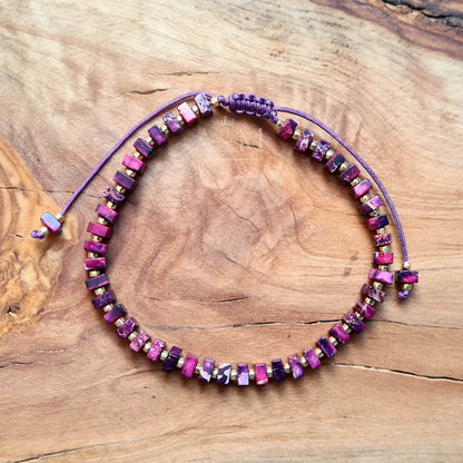 Purple Imperial Jasper Bracelet - 2x4mm Square Beads, Multi-Colored Adjustable Minimalist Jewelry for Small Wrist, Bohemian Healing Stone