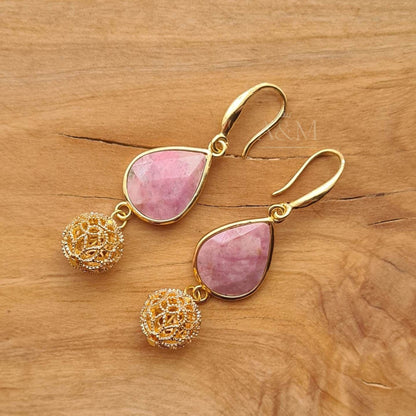 Rhodonite Drop Earrings Luxury Earrings Natural Stone Jewellery Bride Wedding Earrings Gold Earrings Girls Gift Dangle UK