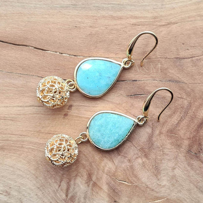 Amazonite Drop Earrings | Luxury Gold Dangle Earrings | Natural Stone Jewelry | Elegant Gift for Her | Unique Dangle Earrings UK