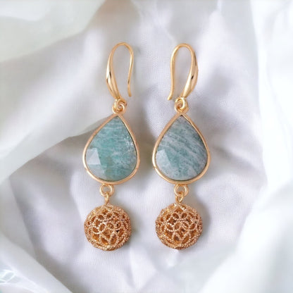 Amazonite Drop Earrings | Luxury Gold Dangle Earrings | Natural Stone Jewelry | Elegant Gift for Her | Unique Dangle Earrings UK