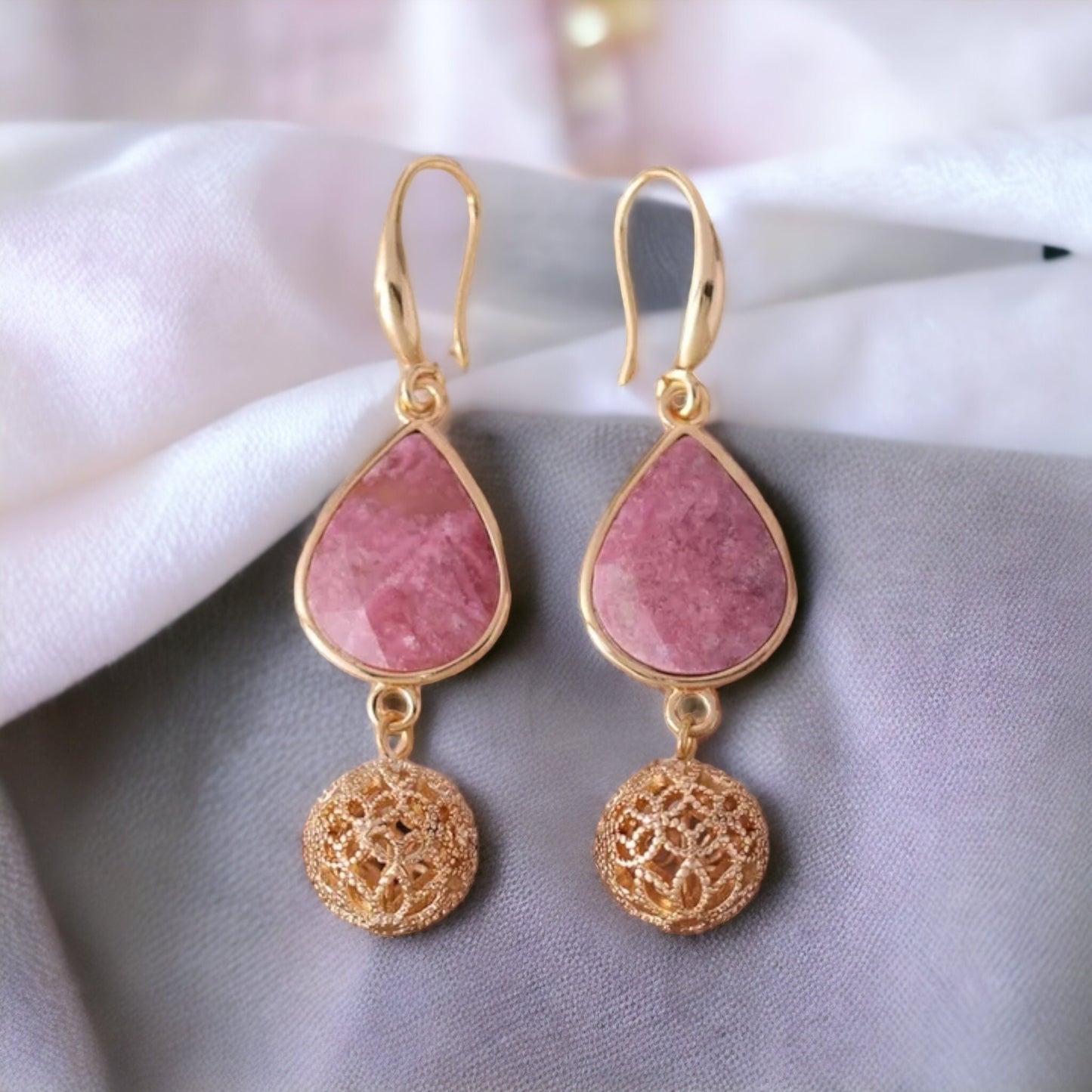 Rhodonite Drop Earrings Luxury Earrings Natural Stone Jewellery Bride Wedding Earrings Gold Earrings Girls Gift Dangle UK