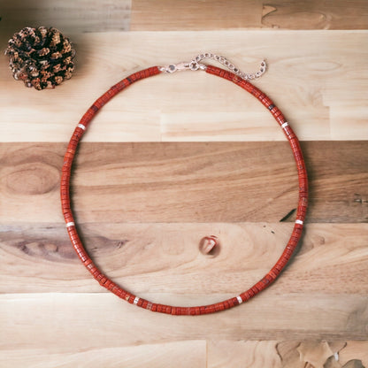 Red stone jasper choker Necklace, 4mm beaded necklace with silver beads, Bohemian style Choker, Collar short necklace, Women jewellery, Gift