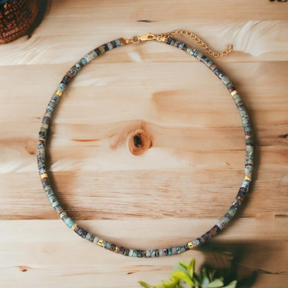 African Turquoise Choker Necklace - Adjustable Collar, Beaded Short Necklace, Women's Jewelry, Boho Necklace, Unique Gemstone Gift