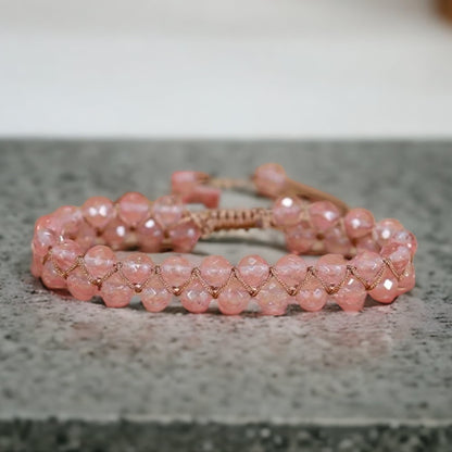 Handmade Watermelon Tourmaline Bracelet - Natural Faceted 6mm Gemstone Beads - Boho Macramé Braided Jewelry - UK Christmas Gift