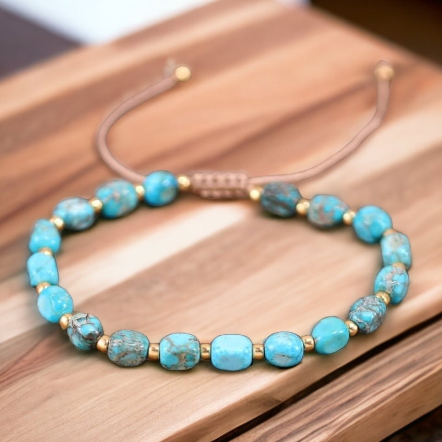 Turquoise-Coloured Imperial Jasper Bracelet - Adjustable Minimalist Jewellery, Natural Stone Beads, Unique Gift for Women, Irregular-Shaped