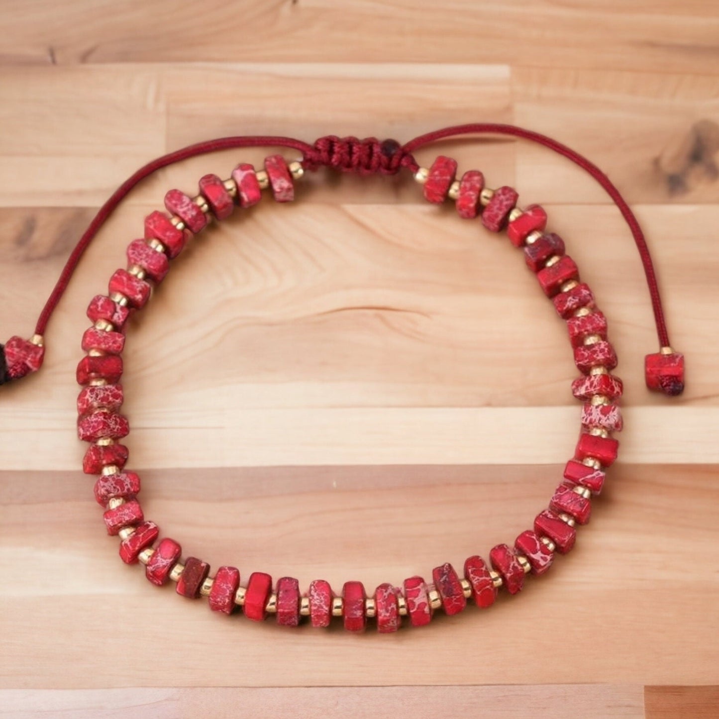 Dainty Imperial Jasper Bracelet - 2x4mm Square Red Beads, Adjustable Minimalist Jewelry for Small Wrist, Bohemian Red Bracelet for Women