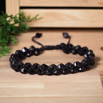 Black Agate beaded Bracelet Braided Jewellery - Black Beaded Women Cuff 6mm Agate beads - Classy Bracelet - Bohemian Bangle, Flower Child,