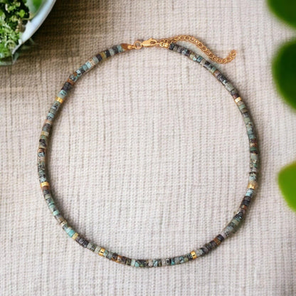 African Turquoise Choker Necklace - Adjustable Collar, Beaded Short Necklace, Women's Jewelry, Boho Necklace, Unique Gemstone Gift