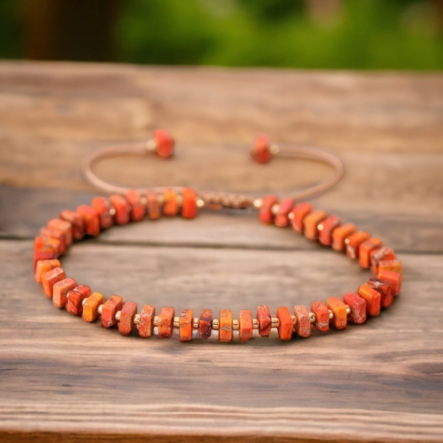 Dainty Imperial Jasper Bracelet - 2x4mm Square Orange Beads, Adjustable Minimalist Jewelry for Small Wrist, Bohemian Red Bracelet for Women