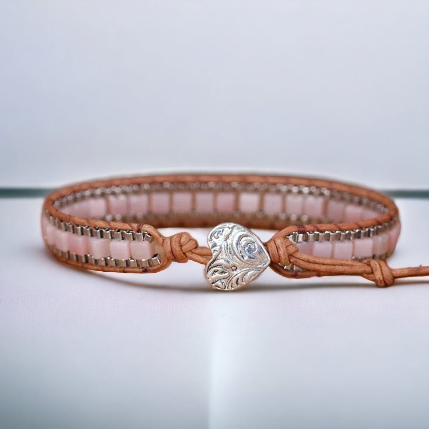 Rose Quartz Leather Bracelet, Square Beads Wrap, Healing Stone Jewellery, Heart Cuff Yoga Bracelet, Natural Stone Bangle Gift for Women