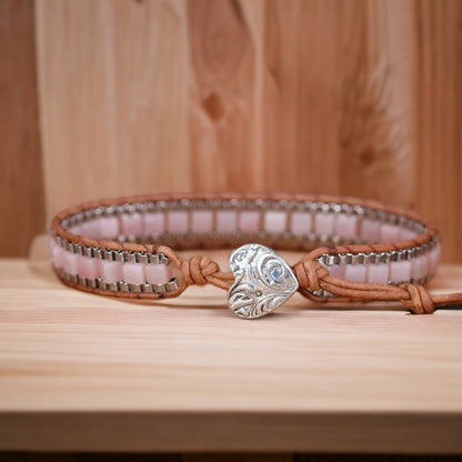 Rose Quartz Leather Bracelet, Square Beads Wrap, Healing Stone Jewellery, Heart Cuff Yoga Bracelet, Natural Stone Bangle Gift for Women