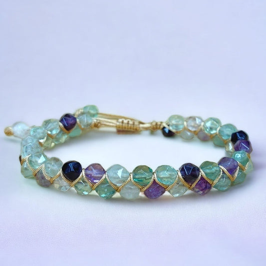 Fluorite Faceted Beaded Bracelet - Handmade Gemstone Jewelry, Multi-Colored, Healing Stones, Boho Chic, Adjustable, Unique Gift - UK