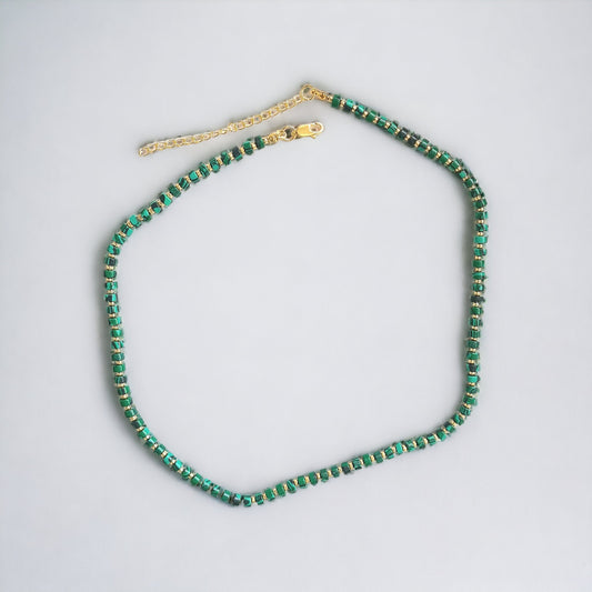 Malachite Choker Necklace - Minimalist Tiny Beaded, Natural Stone Meditation Jewelry, Holiday Collar Necklace, Unique Gift for Her