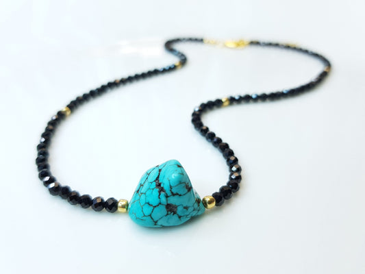 Black Spinel Choker Necklace | Handmade with Raw Turquoise & Gold Seed Beads | Adjustable Short Necklace | Chic Gift for Her, UK Jewellery