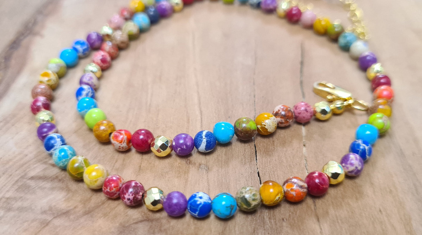 Multicolored Beaded Imperial Jasper Choker Necklace - Unique Gemstone Jewellery, Handmade Boho Chic, Gift for Her, Natural Stone Necklace