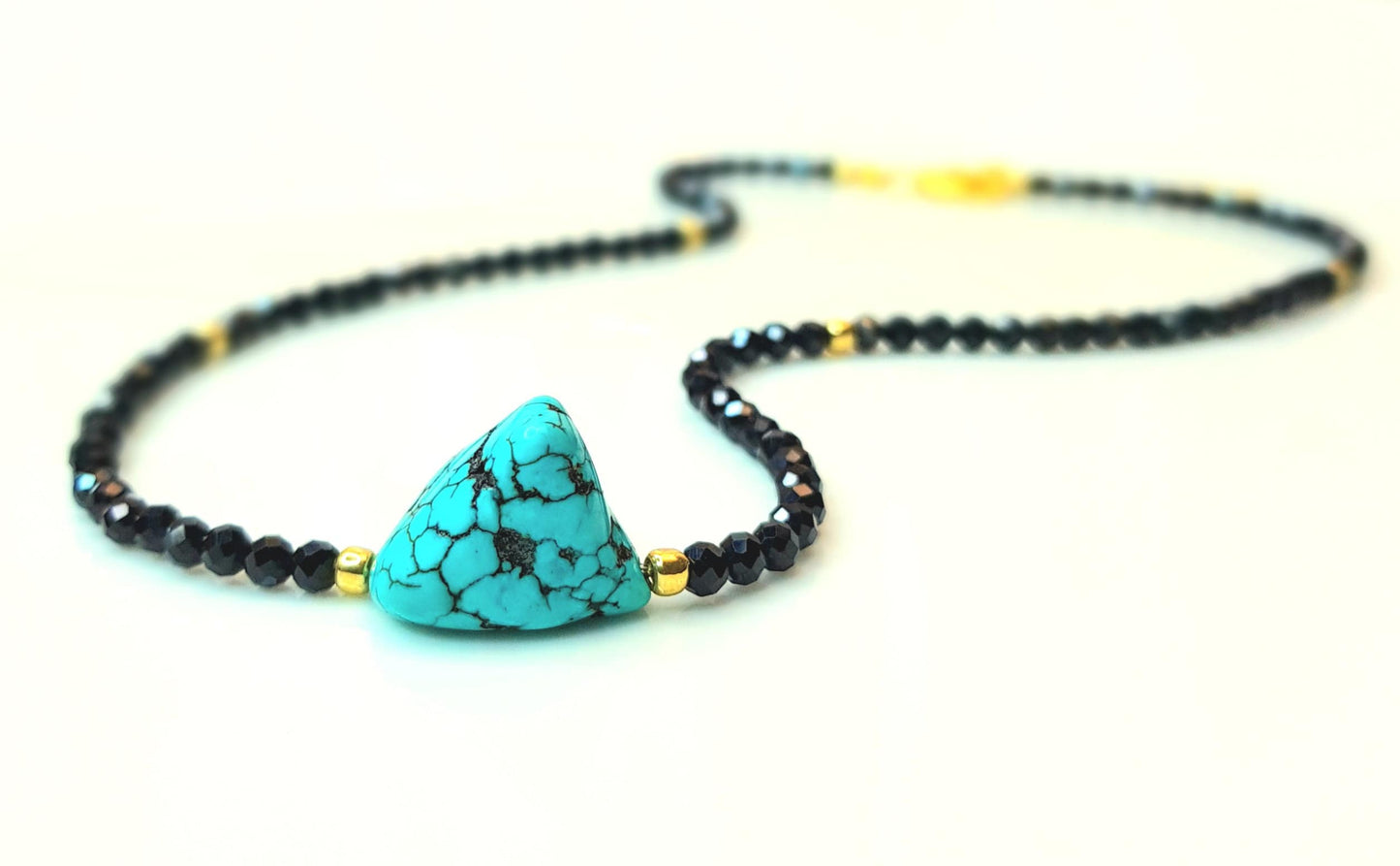 Black Spinel Choker Necklace | Handmade with Raw Turquoise & Gold Seed Beads | Adjustable Short Necklace | Chic Gift for Her, UK Jewellery