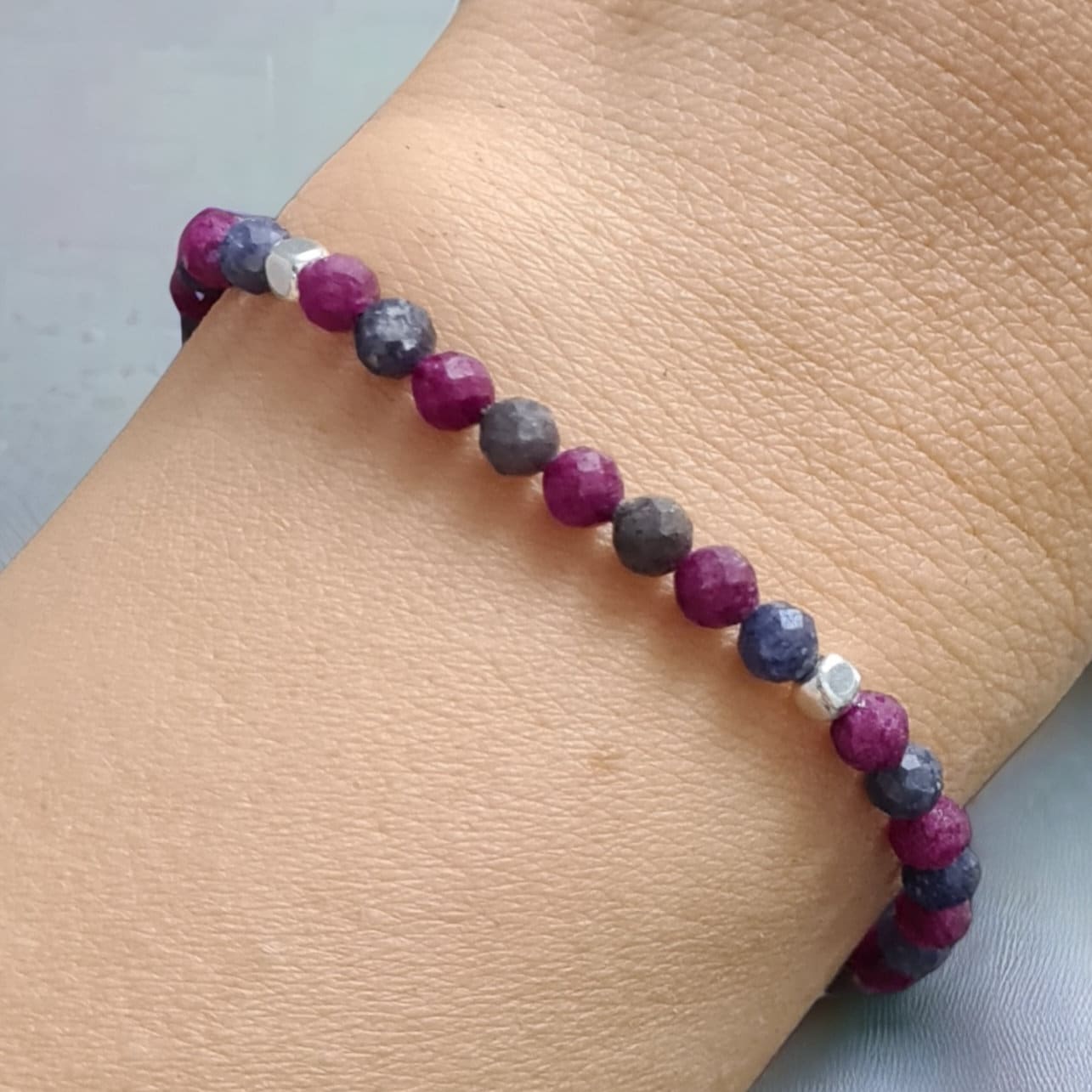 Ruby & Sapphire Beaded Bracelet - Dainty Gemstone Jewellery, Adjustable for Small Wrist, Minimalist Natural Stone Bracelet, Gift for Women