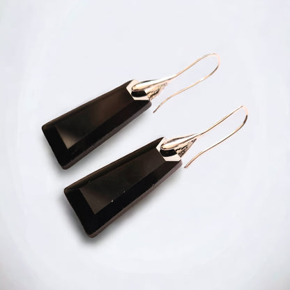 Trapezoid Obsidian Drop Earrings - Geometric Dangle Earrings, Black Gemstone Jewelry, Gold/Silver Plated, Elegant Gift for Women, Boho Chic