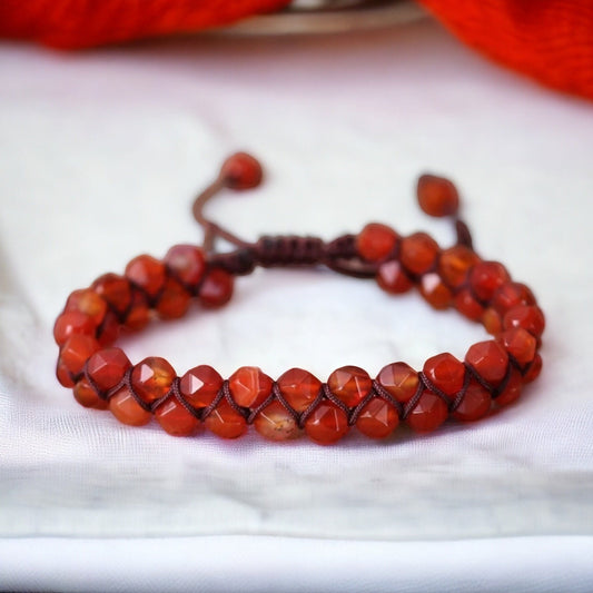 Red Agate beaded Bracelet Braided Jewellery - Red Beaded Women Cuff 6mm Agate beads - Classy Bracelet - Bohemian Bangle, Flower Child,