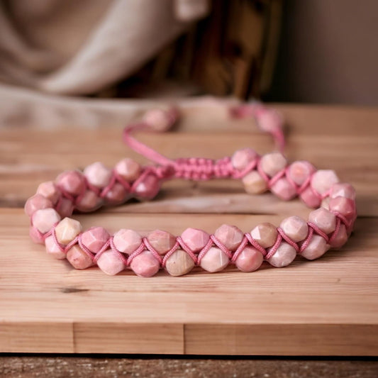 Rhodonite Faceted Beaded Bracelet | Bohemian Pink Gemstone Jewelry | Handmade Healing Boho Bracelet for Love & Balance