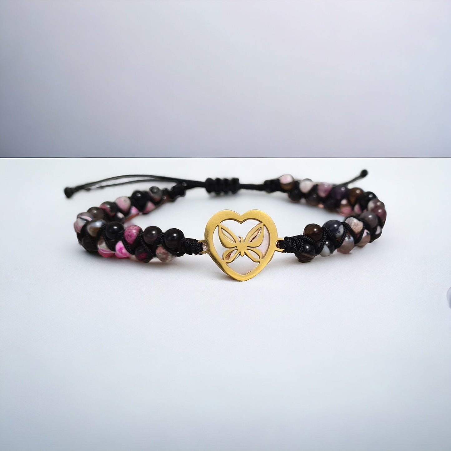 Heart Agate Beaded Bracelet - Black and Pink Braided Jewellery, 4mm Natural Stone Beads, Gold Heart Charm Bracelet, Women’s Gift