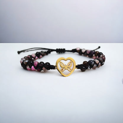 Heart Agate Beaded Bracelet - Black and Pink Braided Jewellery, 4mm Natural Stone Beads, Gold Heart Charm Bracelet, Women’s Gift