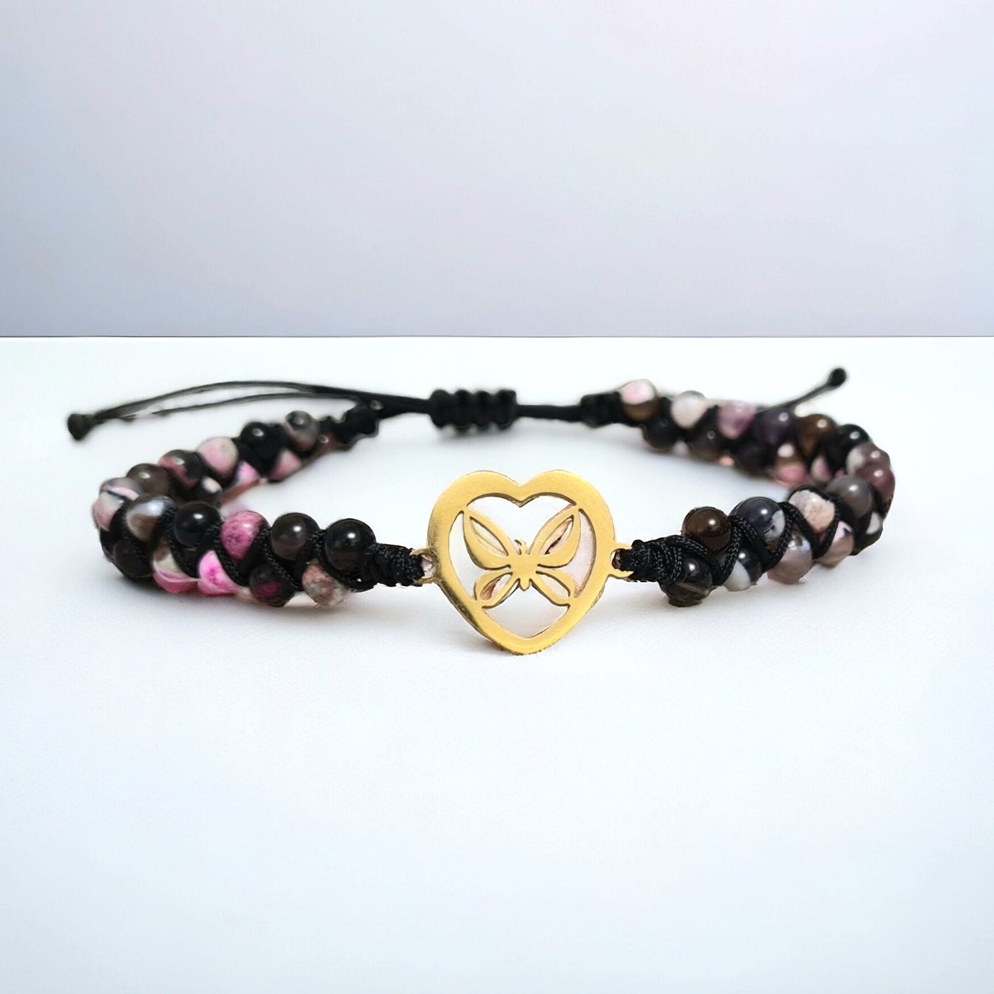 Heart Agate Beaded Bracelet - Black and Pink Braided Jewellery, 4mm Natural Stone Beads, Gold Heart Charm Bracelet, Women’s Gift