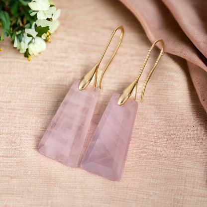 Rose Quartz Trapezoid Earrings, Pink Bohemian Earrings, Geometric Jewellery, Boho Party Earrings, Birthday Gift, Engagement Jewelry Gift