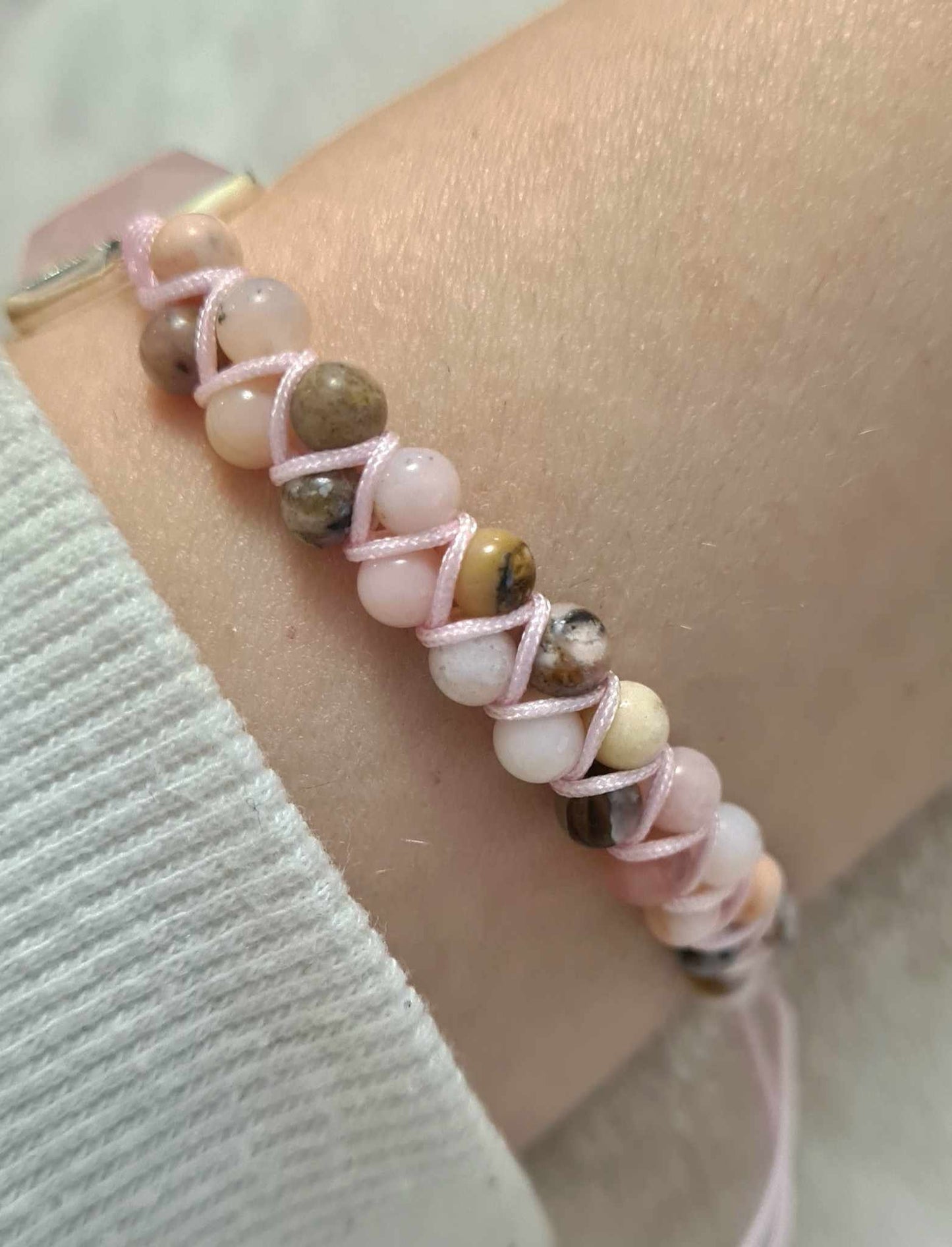 Rose Quartz Charm Bracelet - Handmade with Pink Opal Beads, Hexagon Gemstone Design, Braided Boho Jewellery, Yoga Healing Gift for Her