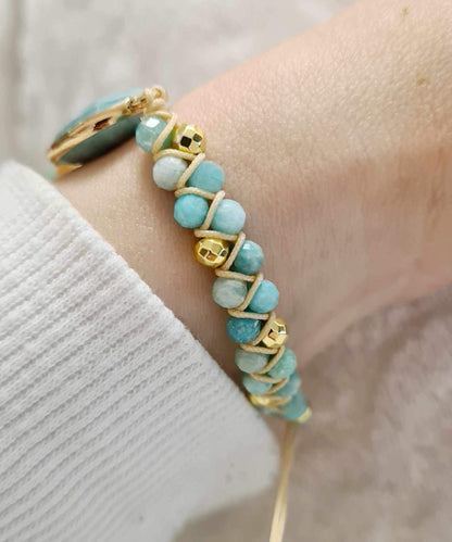 Amazonite Adjustable Bracelet with Oval Charm - Minimalist Gemstone Jewellery, Boho Chic, Natural Stone Bracelet for Women, Unique Gift UK