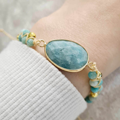 Amazonite Adjustable Bracelet with Oval Charm - Minimalist Gemstone Jewellery, Boho Chic, Natural Stone Bracelet for Women, Unique Gift UK